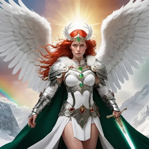 Prompt: valkyrie warrior, long white fur cloak, silver and green armor, rainbow jewel necklace, valkyrie helmet, angel wings, holding sword and shield, victorious pose, radiant angel, red hair, descending from sky, shining sun in clouds, flying crows, snowflakes