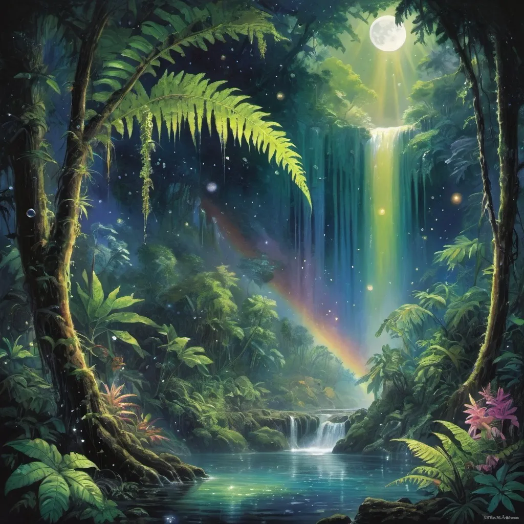 Prompt: tropical rainforest, giant trees, foliage, jungle, underwater, light filtering through water, radiant light, fern fronds, bubbles, underwater landscape, moon and stars, night time, spectral light, tropical flowers, lush and green, rainbow colored sky, stars and moon, radiant light, spectral shining light, constellations, bubbles, ambient light, fireflies, strong wind, aurora, waterfalls, flowing water, mists
