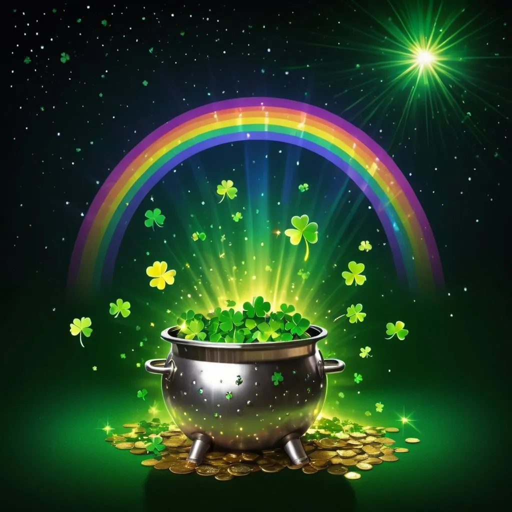Prompt: simple background, spectral light shining from disco ball, fireflies, constellations, night sky, radiant light, shining divinity, saint patrick's day, raining shamrocks, golden coins, four leaf clover, pot of gold, rainbow, spectral color, green, chartreause, viridian, leaves falling from the sky, sunlight shining, disco, gay bar