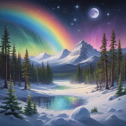Prompt: boreal forest, giant pine trees, rainbow colored sky, stars and moon, radiant light, spectral shining light, constellations, bubbles, ambient light, fireflies, strong wind, aurora borealis, frozen landscape, moon reflecting off of snow, radiant beauty, mountains, night time, dark sky, constellations, shining moon




