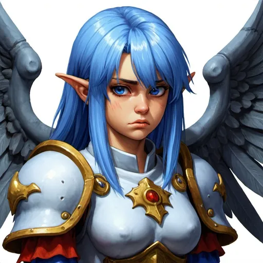 Prompt: ogre battle 64 character portrait, video game portrait, angel knight, seraph, female, blue hair, sad expression