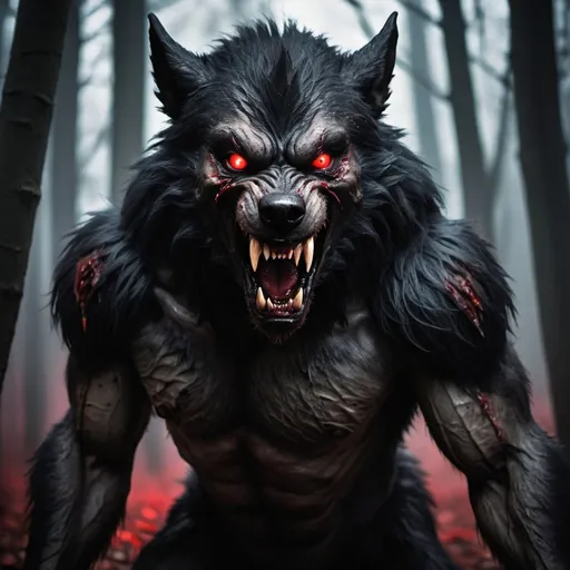 Prompt: scary werewolf dogman, in dark forest, black fur, snarling, sharp claws, glowing red eyes, undead, sharp teeth. tattered ear