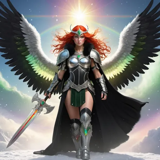 Prompt: valkyrie warrior, long black fur cloak, silver and green armor, rainbow jewel necklace, valkyrie helmet, angel wings, holding sword and shield, victorious pose, radiant angel, red hair, shining eyes, descending from sky, shining sun in clouds, flying crows, snowflakes, winged helmet, aurora borealis, spectral light, rainbow