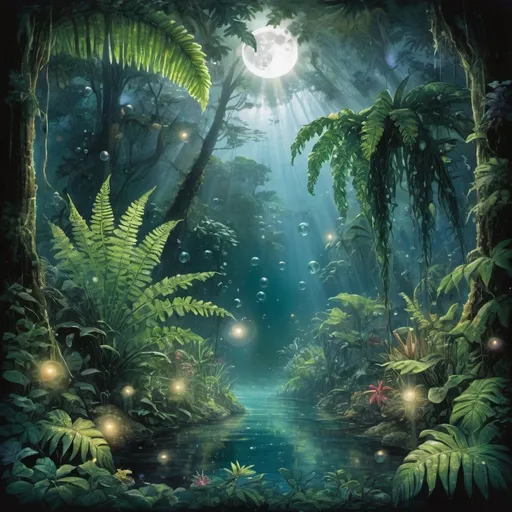 Prompt: tropical rainforest, giant trees, foliage, jungle, underwater, light filtering through water, radiant light, fern fronds, bubbles, underwater landscape, moon and stars, night time, spectral light, tropical flowers, lush and green, 
