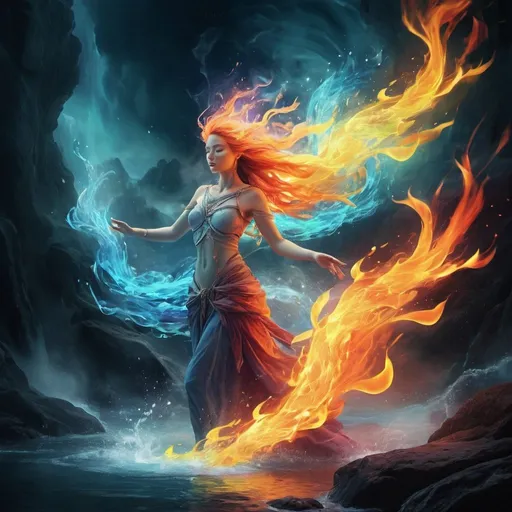 Prompt: Vibrant digital artwork of elemental spirits, dynamic and fluid compositions, mystical and captivating visuals, high-quality rendering, fantasy art, ethereal color palette, mystical lighting, magical atmosphere, fire, water, wind, elemental spirits, digital art, vibrant, dynamic composition, mystical, high-quality rendering, fantasy, ethereal colors, magical lighting