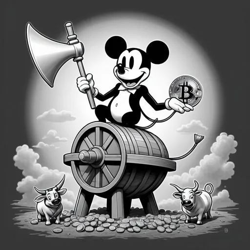 Prompt: ethereum price Steamboat Willie riding the Bitcoin bull, vintage black and white, detailed steamboat, retro cartoon style, Bitcoin symbol on bull, nostalgic, historic, high-quality, vintage, detailed line work, grayscale, antique, classic cartoon, iconic, bull market, old-timey, vintage animation, timeless, classic lines, nostalgic, historic, historic atmosphere