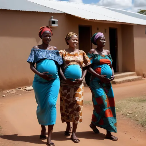 Prompt: Three African-origin pregnant women walking into a health care clinic in rural africa village 