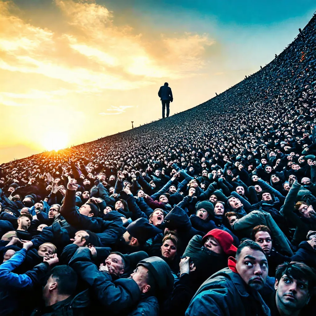 Prompt: an art of a hundreds of people looking down and hoping for someone to save them and one person looking up and sees another person approaching the for help from sunset