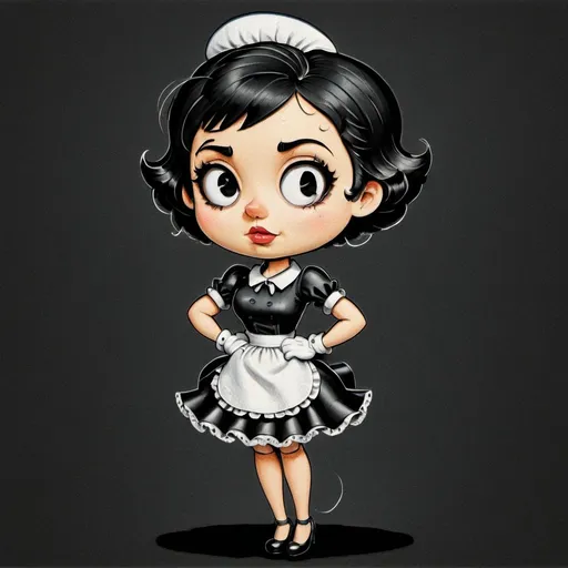 Prompt: Black and white cartoon illustration of a beautiful girl with short black curly hair wearing a maid outfit, exaggerated features, striking contrast, ink drawing, detailed fur with bold strokes, intense and piercing gaze, beautiful and feminine stance, high quality, cartoon, black and white, bold lines, exaggerated features, detailed dress, intense eyes, soft, high contrast, house and garden in the background 