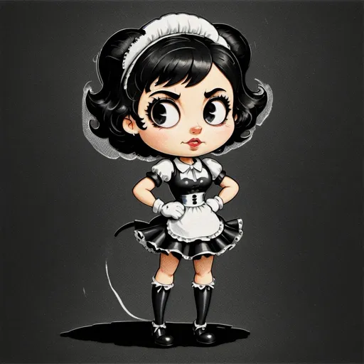 Prompt: Black and white cartoon illustration of a beautiful girl with short black curly hair wearing a maid outfit, exaggerated features, striking contrast, ink drawing, detailed fur with bold strokes, intense and piercing gaze, strong and powerful stance, high quality, cartoon, black and white, bold lines, exaggerated features, detailed fur, intense eyes, powerful, high contrast