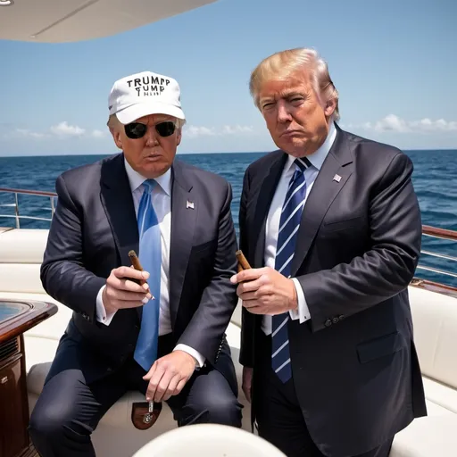 Prompt: front photo of Donald Trump with Ricardo Mollo smoking cigars on a yacht