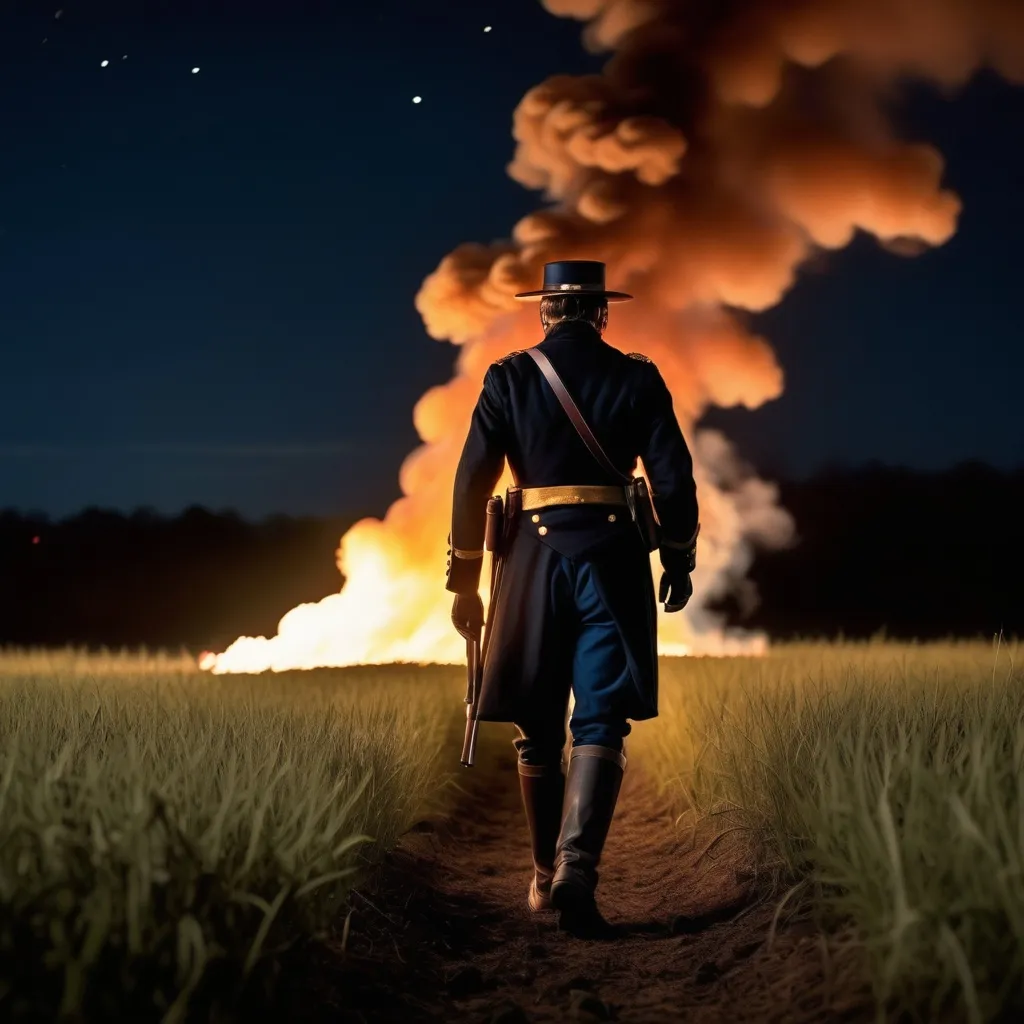 Prompt: Tall Union civil war officer from the back walking into a burning field at night