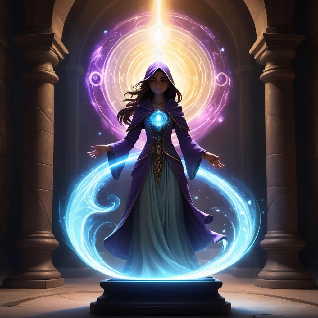 Prompt: Aria facing the shadowy sorcerer, with the glowing Dreamstone on a pedestal between them, and magical energy swirling around