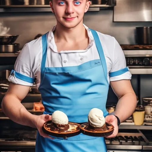 Prompt: A muscley flambouyant gay chef called Yaroslav with blue eyes who loves making brownie and ice cream