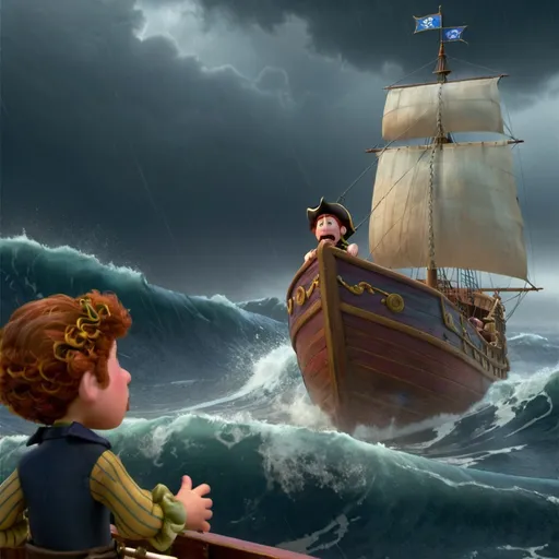 Prompt: A PIRATE WITH A HANDSOME FACE WITH CURLY HAIR WAS RIDING A SHIP THROUGH HUGE WAVES BETTERED BY A RAIN STORM