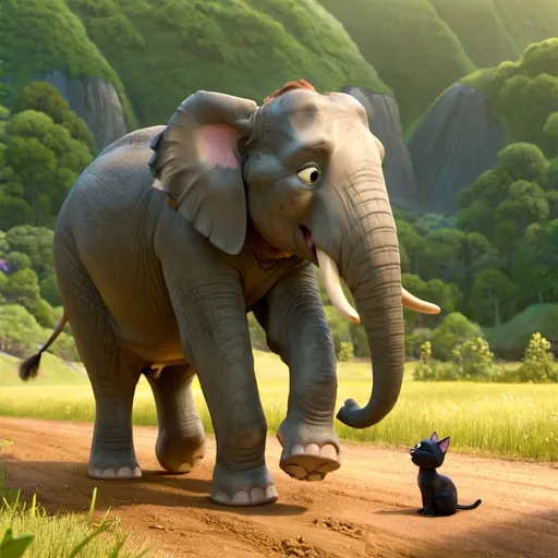 Prompt: A BIG ELEPHANT WAS SCARED BECAUSE IT WAS CHASED BY A SMALL CAT IN THE FOREST