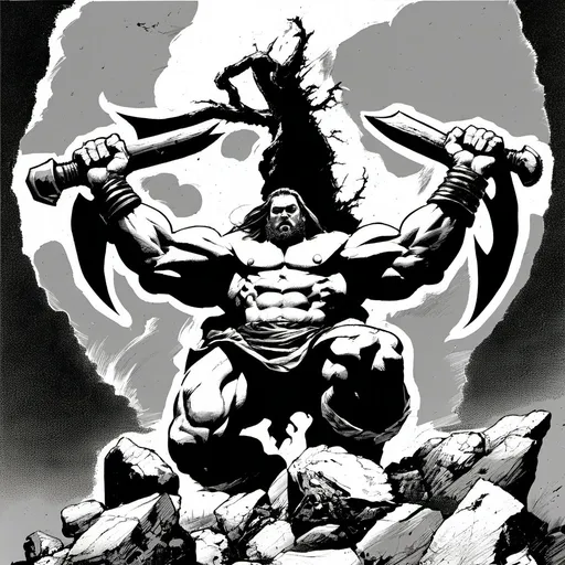 Prompt: B&W frazetta art, a huge muscular thor holding an ax, detailed, high quality
