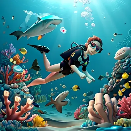 Prompt: A DIVER WAS CHASING UNDER THE SEA BY DOZENS OF SHARKS