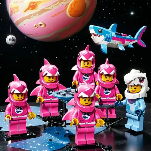 Prompt: 6 WOMEN DRESSED IN PINK SHARK COSTUMES IN THE SOLAR SYSTEM