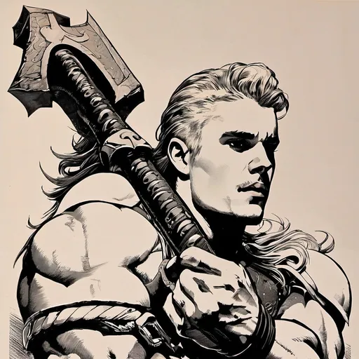 Prompt: B&W frazetta art, a huge muscular thor holding an ax, detailed, high quality