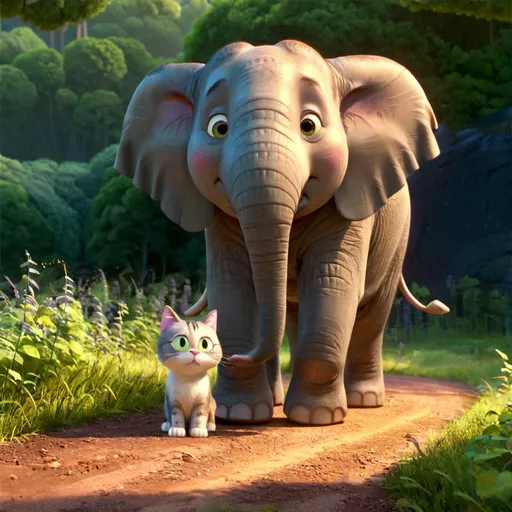 Prompt: A BIG ELEPHANT WAS SCARED BECAUSE IT WAS CHASED BY A SMALL CAT IN THE FOREST