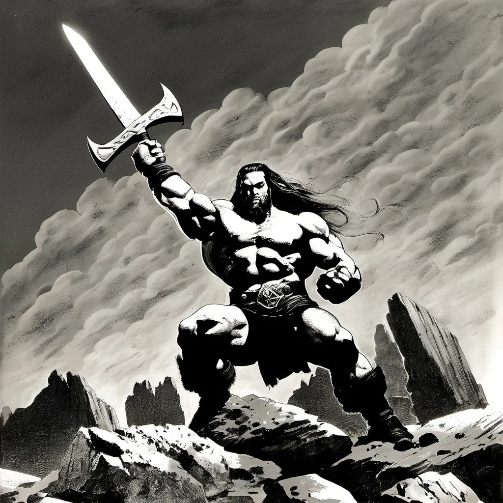 Prompt: B&W frazetta art, a huge muscular thor holding an ax, detailed, high quality