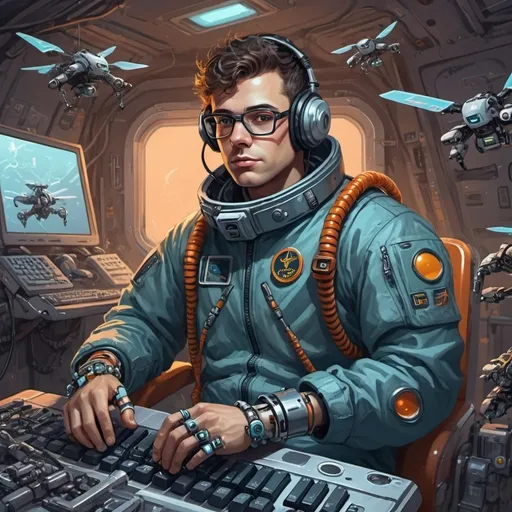 Prompt: in a sci-fi genre setting. a geeky guy in a flight suit sitting with a keyboard bracelet, surrounded by robotic drones. in a painted style