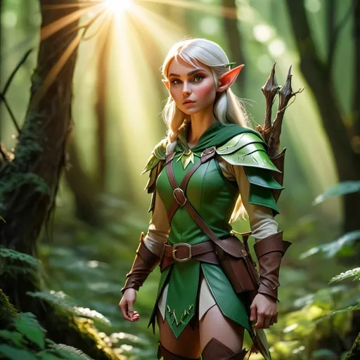 Prompt: Elf ranger in a mystical forest around sunlight