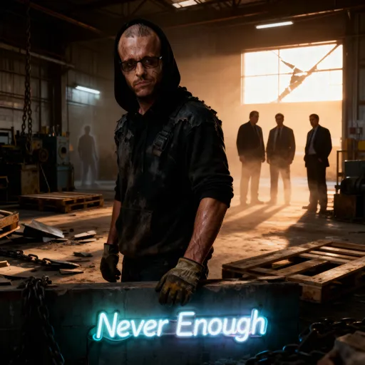 Prompt: Realistic cinematic portrait of Caution (male, with Javier’s real face) standing alone in a dim industrial warehouse at dawn, looking tired, sweat and dust clinging to his skin. His face shows exhaustion and defiance — eyes heavy but unbroken. Grease-stained gloves hang from one hand, veins tense from labor. Light from a cracked window cuts through drifting dust, illuminating him like a symbol of resilience.  
Around him lie broken pallets, metal chains, and worn machinery — symbols of endless work and sacrifice. Faint ghostlike silhouettes of coworkers fade into the background, representing the nameless workers forgotten by the system.  HIs three boss's upset at thim for stopping to work.
His stance is upright, proud, yet weighed by invisible pressure — like a man who’s given everything but refuses to kneel. The atmosphere feels heavy, smoky, and emotional, a mix of struggle and quiet strength.  
Color palette: muted steel grays, warm amber sunlight breaking through, cinematic contrast with deep shadows.  
Style: ultra-realistic, dark cinematic photography, high-definition detail, soft film grain, emotional realism. 
The title of the song at the bottom, "Never Enough" in neon letters blended to the wall.


