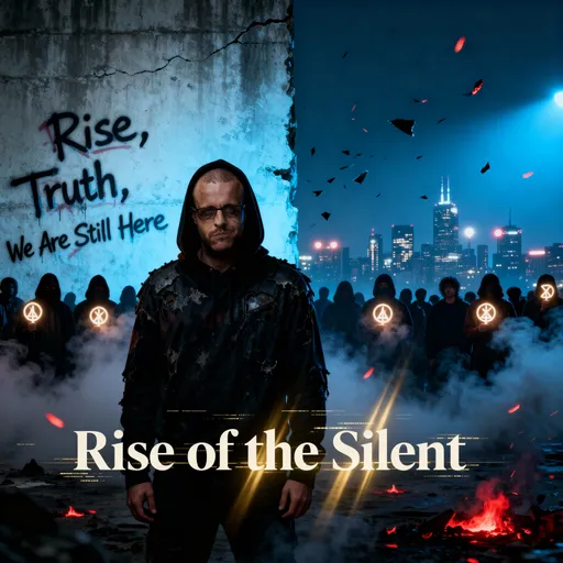 Prompt: Cinematic portrait of (Caution) standing at the front of a shadowed crowd — the Silent — faces hidden in smoke, holding glowing symbols of light.  
Caution stands tall, seriousness on his face — calm, commanding, eyes locked forward like a strategist before a revolution.  
Behind him, a massive wall of cracked concrete glows faintly with graffiti words: “Rise,” “Truth,” and “We Are Still Here.”  
The city skyline in the distance flickers with broken lights, as if power itself is trembling.  
Ash, fog, and faint embers drift through the air; the atmosphere feels electric, like change is seconds away.  
Typography: “Rise of the Silent” in bold serif font, glitching edges and faint golden light beams through the cracks.  
Lighting: cinematic — strong backlight with blue-gray tones and red ember highlights.  
Mood: powerful, mysterious, inspiring — rebellion without noise, chaos with purpose.  
Art style: ultra-realistic 8K cinematic realism, dark trap aesthetic with revolutionary symbolism and poetic stillness.








