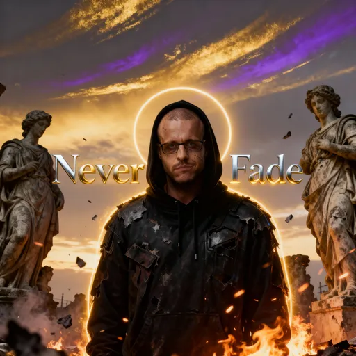 Prompt: Cinematic portrait of (Caution) standing beneath a dusky sky glowing with streaks of gold and violet light.  
His expression is serious, calm, and focused — eyes locked forward with quiet power.  
The wind carries glowing embers and faint ash around him, but his figure remains untouched, symbolizing resilience and permanence.  
Faint silhouettes of timeworn statues crumble in the background, while Caution stands centered in clarity.  
A soft golden halo of sunlight outlines his body, hinting at immortality through endurance.  
Typography: “Never Fade” in elegant serif metallic font, letters glowing softly with gold and silver blend.  
Lighting: warm-gold cinematic tones, soft contrast between light and shadow.  
Mood: eternal, inspirational, powerful — strength against time.  
Art style: ultra-detailed 8K cinematic realism, dark trap aesthetic infused with light and redemption.







