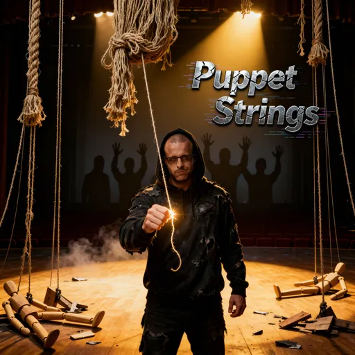Prompt: Cinematic portrait of (Caution) standing in a dimly lit theater surrounded by massive, frayed puppet strings hanging from above.  
His face is serious and focused — calm intensity in his eyes as faint red and gold light reflects off his skin.  
Some of the strings are attached to broken wooden mannequins scattered on the floor, symbolizing control lost and freedom reclaimed.  
Behind him, faint shadows of faceless figures linger, their hands raised as if trying to pull unseen wires.  
One final string dangles in front of Caution’s hand, glowing faintly before snapping apart mid-air.  
Typography: “Puppet Strings” in cracked metallic font with faint glitch distortion.  
Lighting: dramatic contrast — warm golden spotlight on Caution, cool shadows around him with soft smoke.  
Mood: rebellious, intelligent, cinematic — breaking control, awakening awareness.  
Art style: ultra-detailed 8K cinematic realism, dark theatrical aesthetic, philosophical and symbolic composition.








