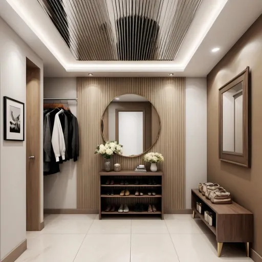 Prompt: Make a simple linear reflected ceiling design with fluted material for a home entry vestibule with a shoe rack of small size 4feet by 3feet and it has to look elegant and avoid mirror