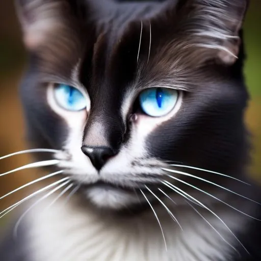Prompt: A black cat with one white paw and blue eyes