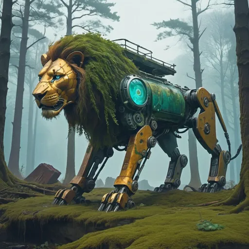 Prompt: Mythic mecha-lion hybrid rising from ancient Germanic forest ruins, twisted metal tank chassis merging with regal lion anatomy, as ivy-covered trees loom in misty surroundings, fading light dancing across dewy moss, intricate etched steel plates reflecting vibrant hues of cerulean, amber, emerald, bathing in warm sunlight, softly diffused through mist, style reminiscent of Ash Thorp's mystic futurism, Simon Stalenhag's eerie atmosphere, and Zahaelse's bio-mechanical majesty.