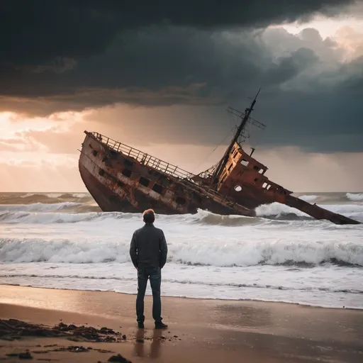Prompt: The man leaning on shipwreck at beach looking at stormy waves during sunset
