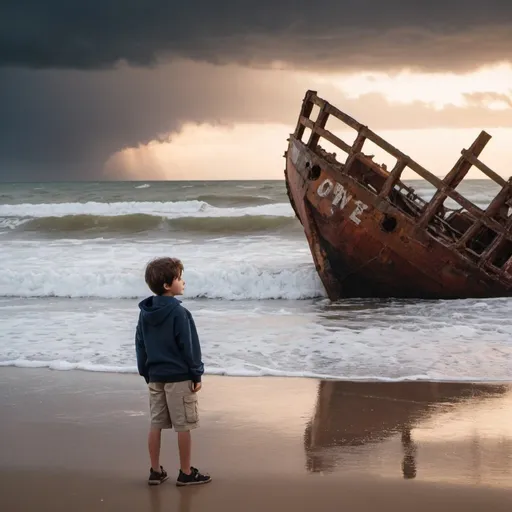 Prompt: boy leaning on shipwreck at beach looking at stormy waves during sunse