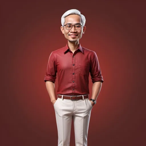 Prompt: Realistic 4D caricature of Indonesian man aged 35 years old, thin body,tall,, wearing plain shirt red color,white hair, formal trousers, loafers, standing , dark red gradient background, without glasses