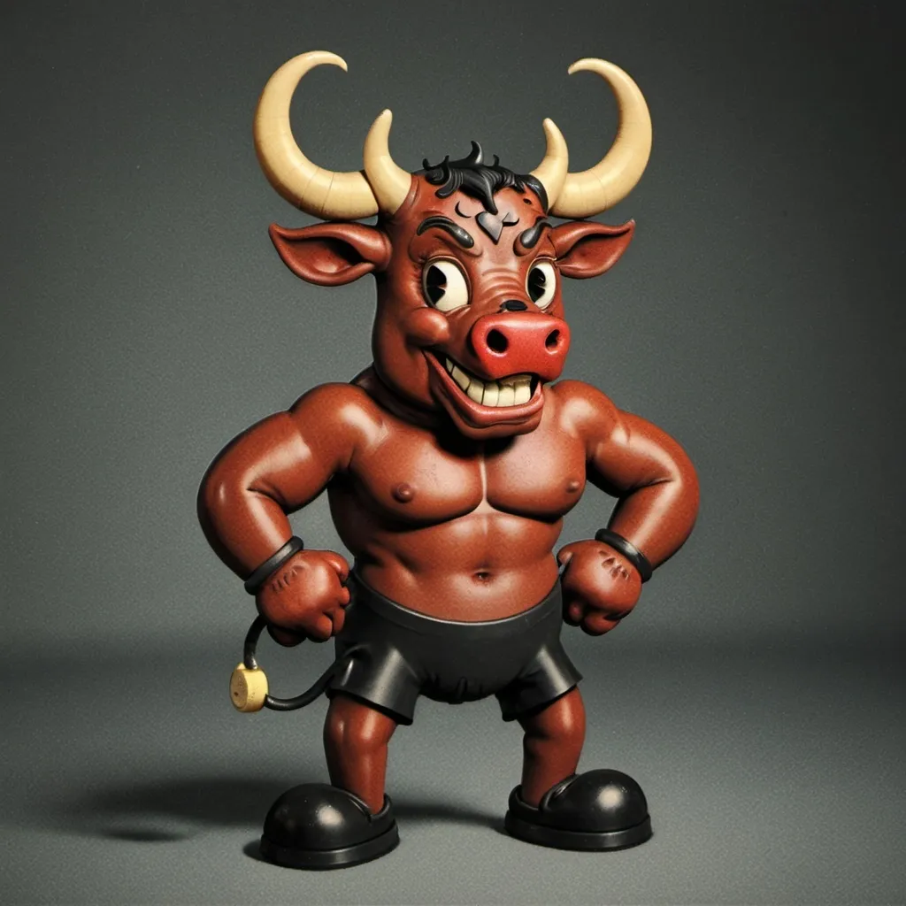 Prompt: 1930s rubberhose and Rubber face Doll style illustration of the anthropomorphic Bull, kinda Red Brown Bull with black eyes, a black nose and Golden nose piercing, and long Golden Horns.He Hoofs are a Black,of similar to the rounded Heart shape design in the inside of he ears.toothless grin.has a Silver Dumbbell pendant on his neck, Deadlift 600kg Dumbbell 