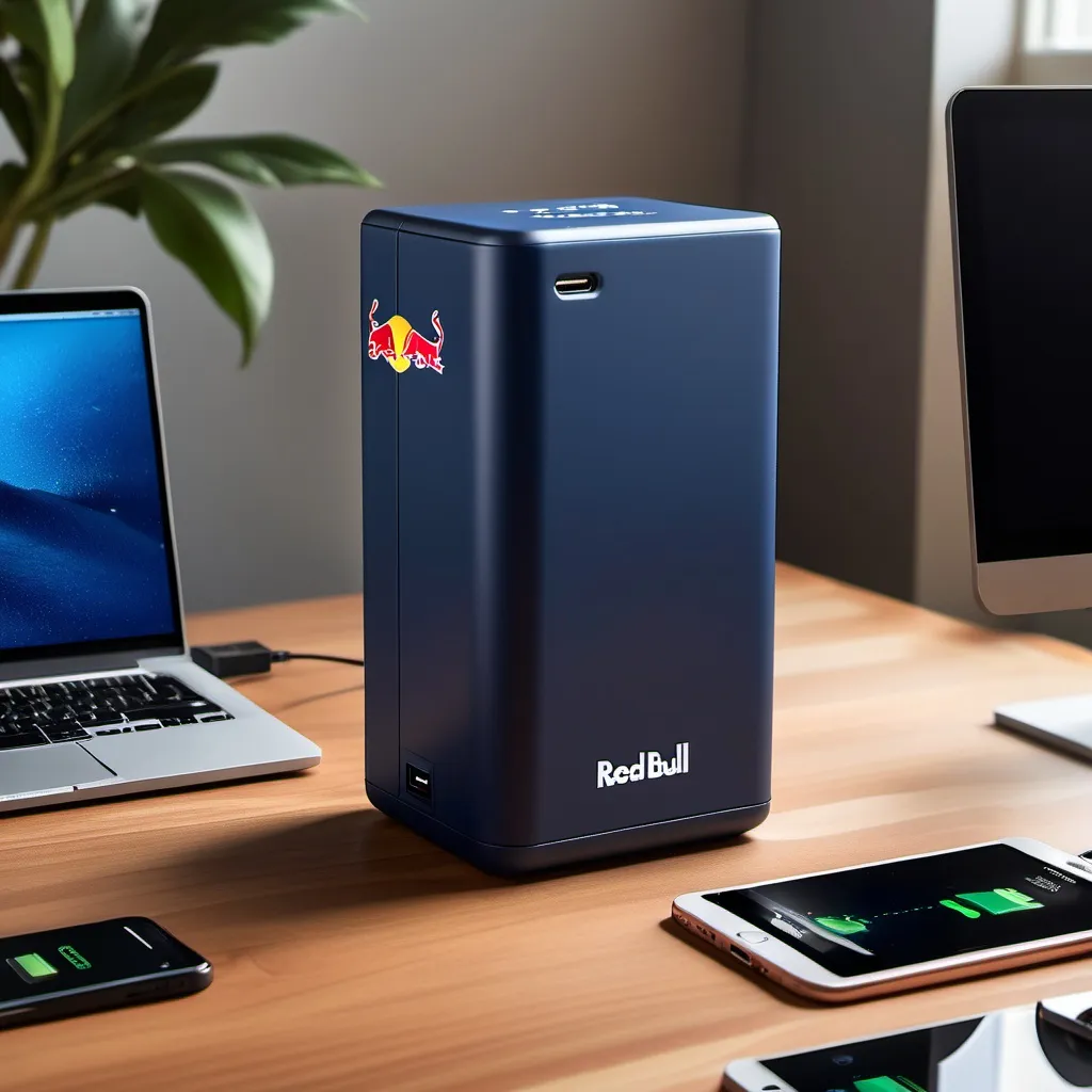 Prompt: can you create a red bull power station.
Key Features:
•	Capacity: A high-capacity 100,000 mAh battery capable of charging laptops, smartphones, and small appliances.
•	35cm x 55cm Housing Unit
•	Multi-Port Outputs: USB-C, USB-A, and AC outlets for simultaneous charging.
•	Eco-Friendly Charging: Solar panel compatibility for sustainable energy use.
•	Rugged Design: Sleekly finished, lightweight, and sturdy, featuring Red Bull's iconic emblem and phrase, "Power Beyond Limits."
