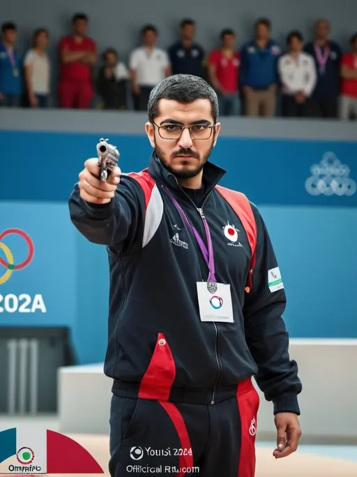 Prompt: Create a realistic, sharp image of Yusuf Dikesh, a Turkish marksman, competing in the short pistol shooting event at the Paris 2024 Olympics. He stands at the shooting line with a focused and determined expression, holding his pistol with precision. The background features the official Olympic shooting range with the Paris 2024 logo visible, and an audience watching intently. Yusuf's attire is the official Turkish Olympic uniform, and he wears ordinary-looking glasses. Capture the intensity and atmosphere of the competition, highlighting Yusuf's concentration and skill.