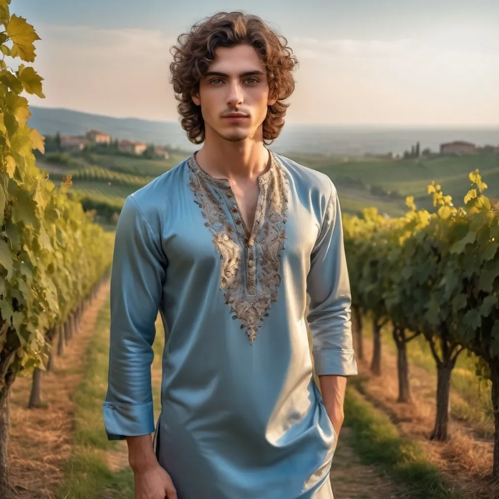 Prompt: A photorealistic portrait of a 20-year-old Italian male model with tousled brown curls and piercing blue eyes, donning an elegantly embroidered Kurta Pajama. Full body shot, 8k HDR, high quality with lots of details. He stands in a lush Tuscan vineyard, the setting sun casting a soft, warm light on his handsome features. His posture exudes confidence and grace, perfectly blending Italian charm with the exotic allure of his attire.