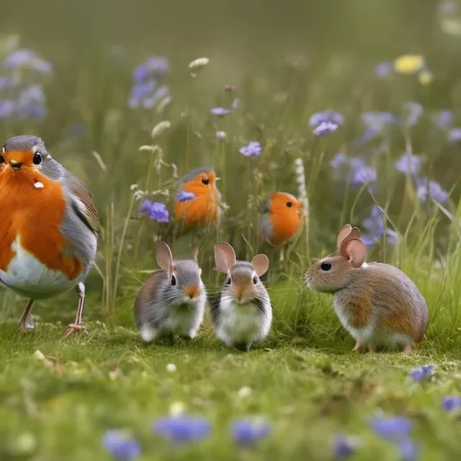 Prompt: A robin, a little mouse and a Rabbiner stand side by side on a meadow in front of a forest 