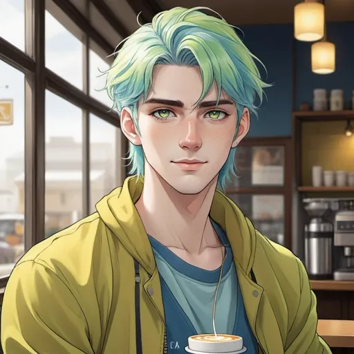 Prompt: An anime-style illustration of a handsome male character, approximately 25 years old. He has pale skin and yellow green eyes, with long signal blue hair styled in a ponytail. He has a relaxed and calm demeanor. The character wears an oversized honey yellow colored jacket.

The background should depict a cafe, with light reflecting through the window, creating a vibrant, atmospheric setting. The character should be standing as a barista in a casual, yet confident pose, with a slight smile, fitting his calm and observant personality.