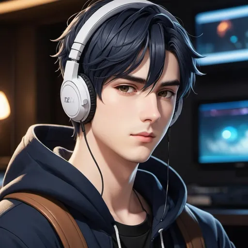 Prompt: A detailed anime-style illustration of a 25-year-old male character with pale skin and honey brown eyes. His short dark blue hair is styled in a unique, asymmetrical cut with sharp edges. He exudes a quiet and tired demeanor. The character wears a black hoodie, and has intricate tattoos across his body and up his neck. He wears bulky headphones on his head.

The background should depict a nighttime gaming room, with lights reflecting off screens, creating a moody, atmospheric setting. The character should be sitting in a chair with a slight frown or neutral expression, fitting his calm personality.