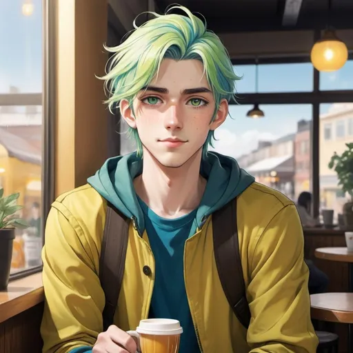 Prompt: An anime-style illustration of a handsome male character, approximately 25 years old. He has pale skin and yellow green eyes, with long signal blue hair styled in a ponytail. He has a relaxed and calm demeanor. The character wears an oversized honey yellow colored jacket.

The background should depict a cafe, with light reflecting through the window, creating a vibrant, atmospheric setting. The character should be standing as a barista in a casual, yet confident pose, with a slight smile, fitting his calm and observant personality.