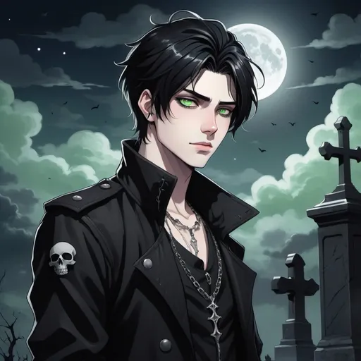 Prompt: An anime-style illustration of a handsome male character, approximately 25 years old. He has pale skin and pale green eyes, with jet black hair styled in an alternative manner. He has a cryptic and enigmatic demeanor. The character wears a gothic jacket with a silver necklace.

The background should depict a dark cemetery, with moonlight glowing through the clouds, creating a romantic, atmospheric setting. The character should be standing in a casual, yet confident pose, with a smug smile, fitting his playful and wild personality.