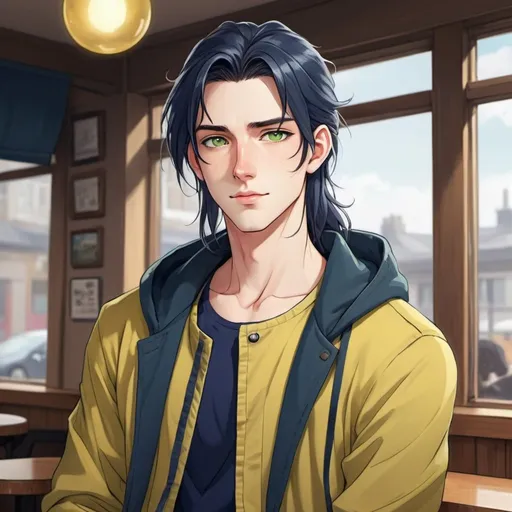 Prompt: An anime-style illustration of a handsome male character, approximately 25 years old. He has pale skin and light green eyes, with very long navy blue hair styled in a ponytail. He has a relaxed and calm demeanor. The character wears an oversized honey yellow colored jacket.

The background should depict a cafe, with light reflecting through the window, creating a vibrant, atmospheric setting. The character should be standing in a casual, yet confident pose, with a slight smile, fitting his calm and observant personality.
