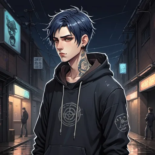 Prompt: A detailed anime-style illustration of a male character, approximately 25 years old. He has pale skin and brown eyes, with short dark blue hair styled in a punkish, yet neat manner. He has a quiet, calm, and relaxed demeanor. The character wears a black hoodie, paired with jeans and black boots. His chest and neck feature intricate tattoos, he wears headphones on his head.

The background should depict a nighttime alleyway, with neon lights reflecting off wet streets, creating a moody, atmospheric setting. The character should be standing in a casual, yet confident pose, with a slight frown or neutral expression, fitting his quiet and serious personality.