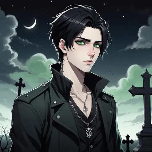 Prompt: An anime-style illustration of a handsome male character, approximately 25 years old. He has pale skin and pale green eyes, with jet black hair styled in an alternative manner. He has a cryptic and enigmatic demeanor. The character wears a gothic jacket with a silver necklace.

The background should depict a dark cemetery, with moonlight glowing through the clouds, creating a romantic, atmospheric setting. The character should be standing in a casual, yet confident pose, with a smug smile, fitting his playful and wild personality.